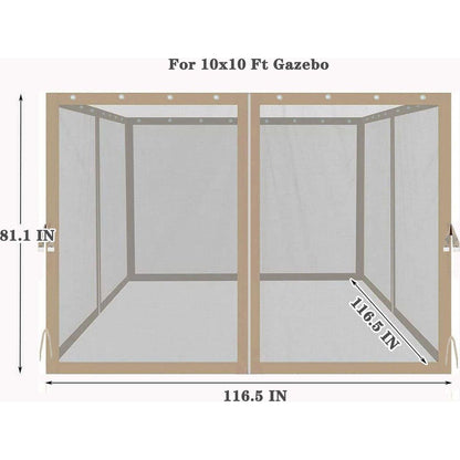 10x10 Ft Gazebo Replacement Mosquito Netting with Zippers, 4-Side Mesh Walls for Patio Gazebos