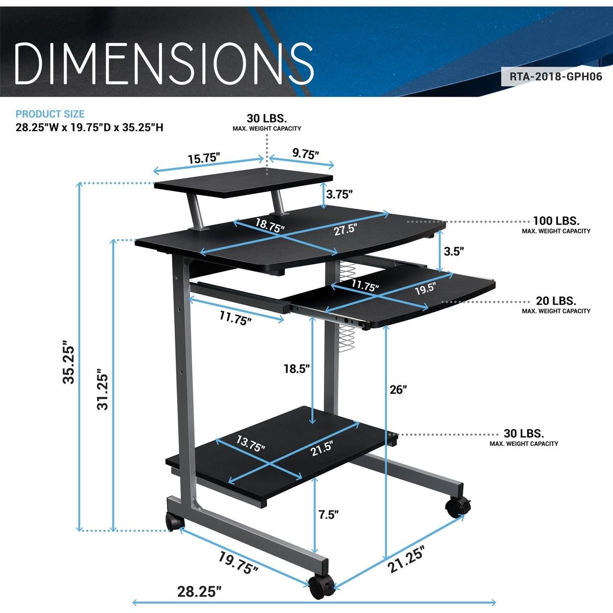 Compact Computer Cart With Storage, Graphite