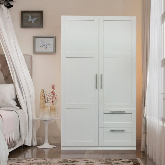 High wardrobe and kitchen cabinet with 2 doors, 2 drawers and 5 storage spaces, white
