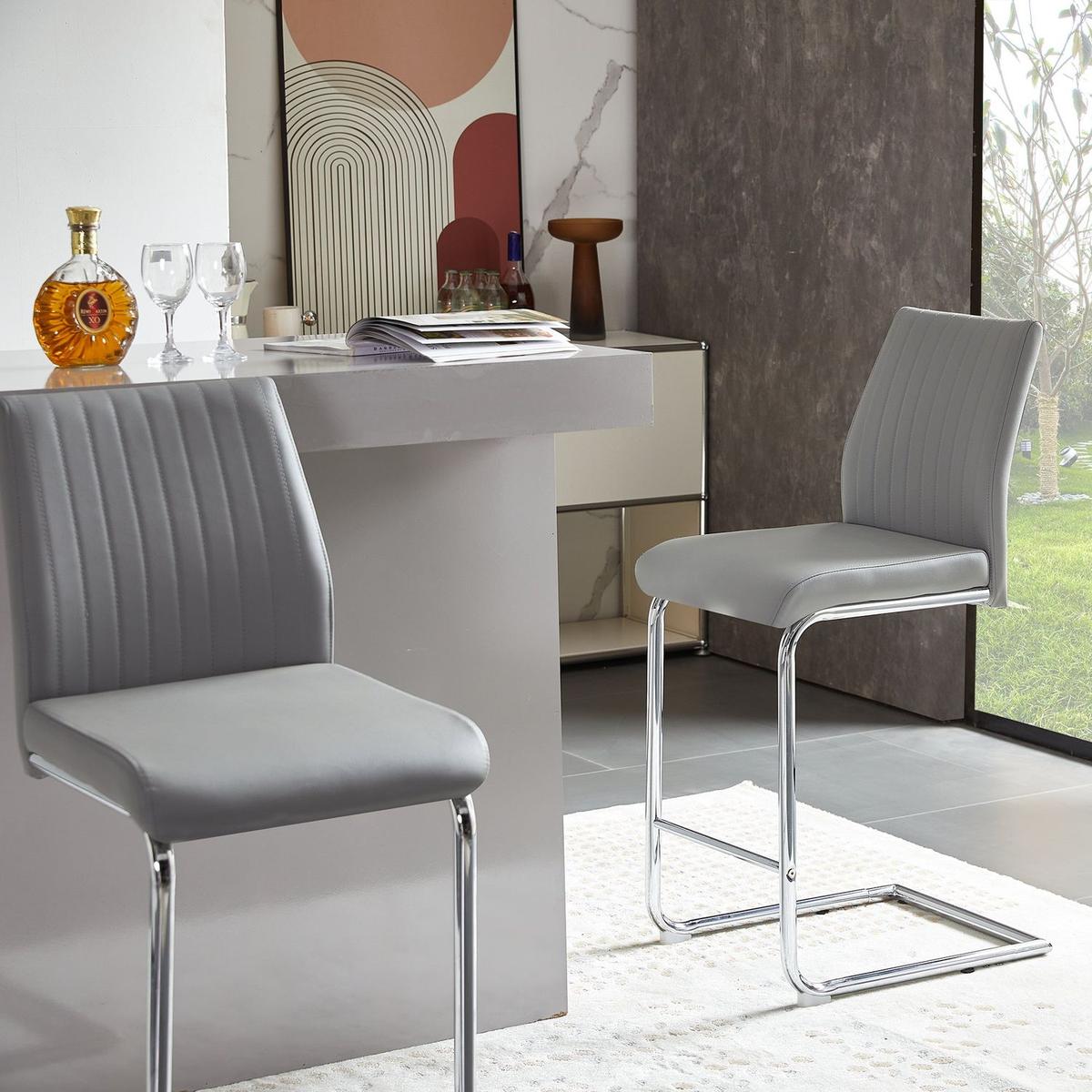 Light grey modern simple bar chair PU leather chrome metal pipe, restaurant, family bar chair set of 2