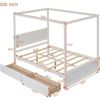 Wood Canopy Bed with two Drawers, Full Size Canopy Platform bed With Support Slats .No Box Spring Needed, Brushed White