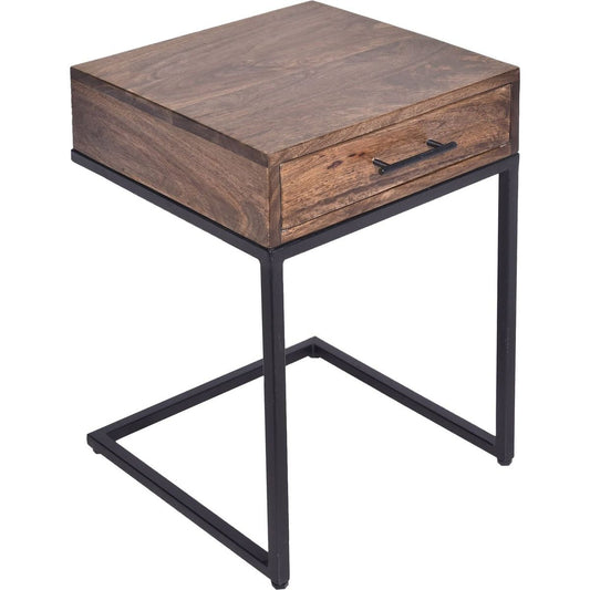 Mango Wood Side Table with Drawer and Cantilever Iron Base, Brown and Black