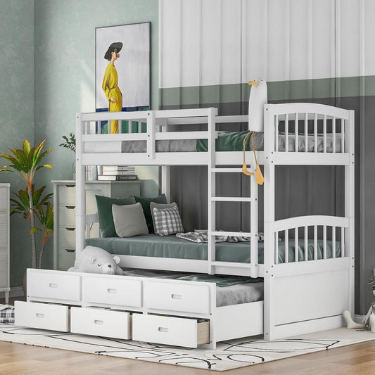 Twin over Twin Wood Bunk Bed with Trundle and Drawers, White - Streamdale Furniture