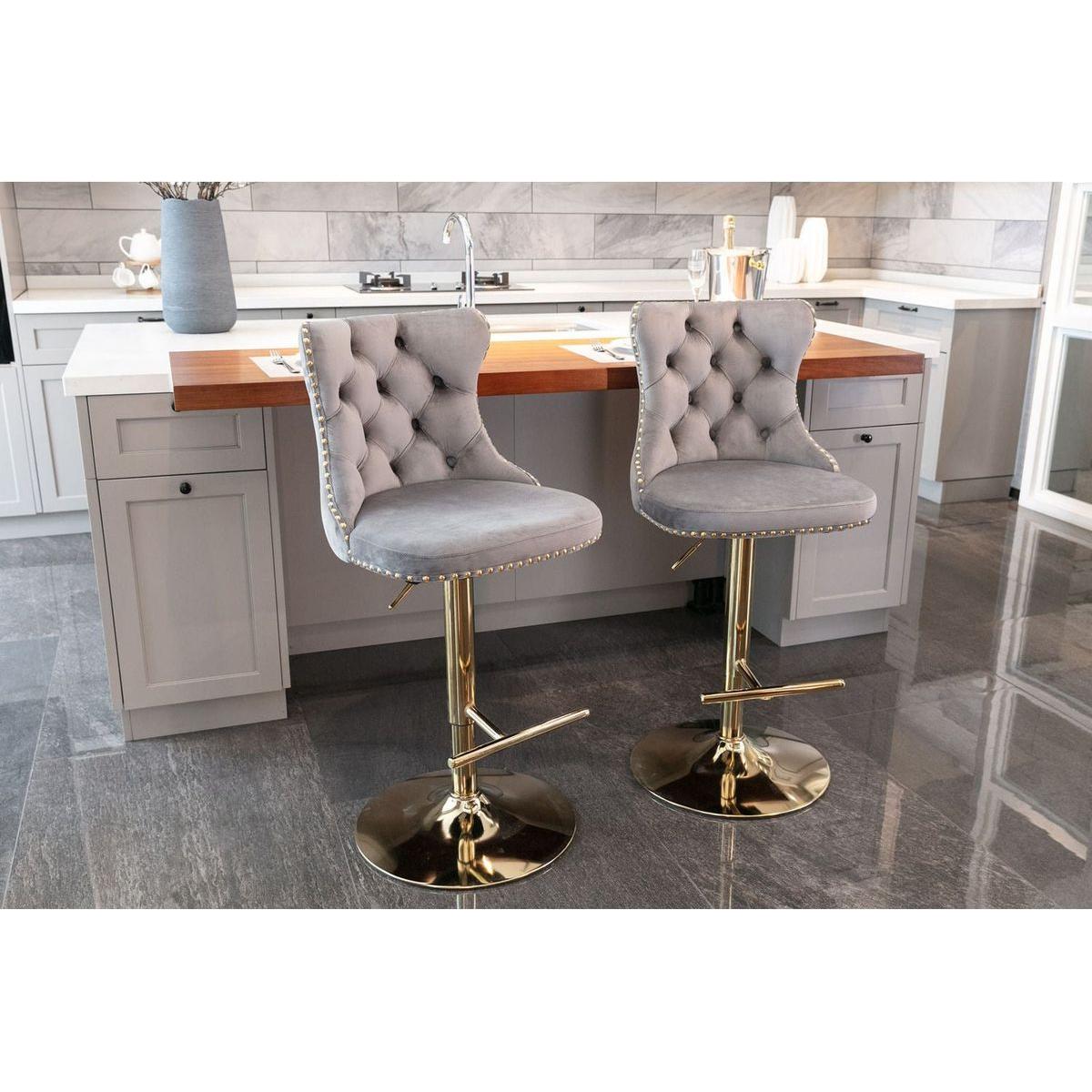 Golden Swivel Velvet Barstools Adjusatble Seat Height from 25-33 Inch, Modern Upholstered Bar Stools with Backs Comfortable Tufted for Home Pub and Kitchen IslandGray, Set of 2)