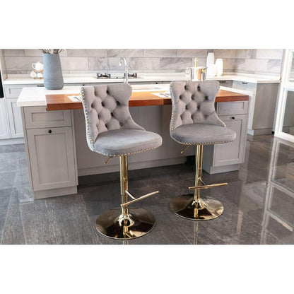 Golden Swivel Velvet Barstools Adjusatble Seat Height from 25-33 Inch, Modern Upholstered Bar Stools with Backs Comfortable Tufted for Home Pub and Kitchen IslandGray, Set of 2)