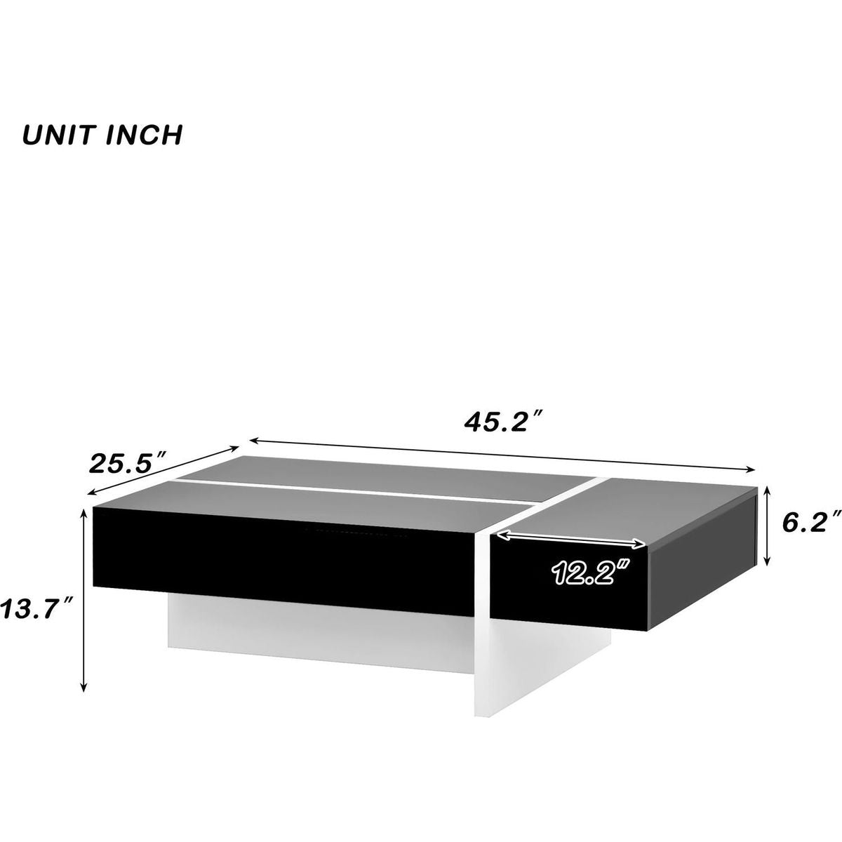 Contemporary Rectangle Design Living Room Furniture, Modern High Gloss Surface Cocktail Table, Center Table for Sofa or Upholstered Chairs, 45.2x25.5x13.7in, Black