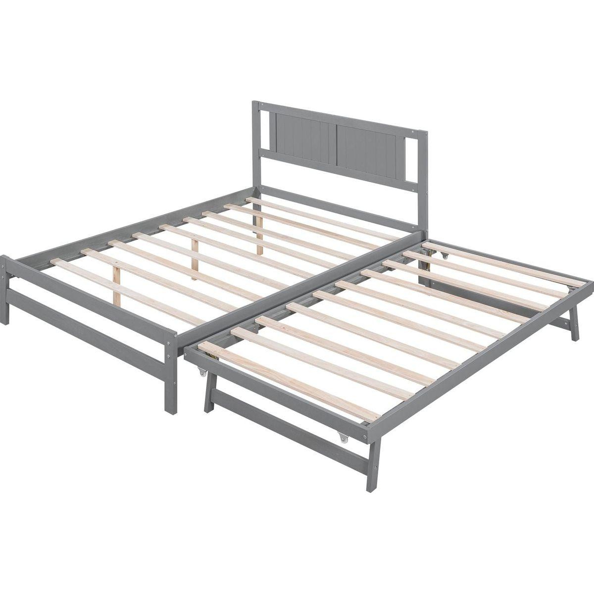 Full Size Platform Bed with Adjustable Trundle, Gray