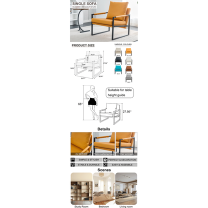 PU Leather Accent Arm Chair Mid Century Upholstered Armchair with Metal Frame Extra-Thick Padded Backrest and Seat Cushion Sofa Chairs for Living Room (orange PU Leather + Metal Frame + Foam)SF-008