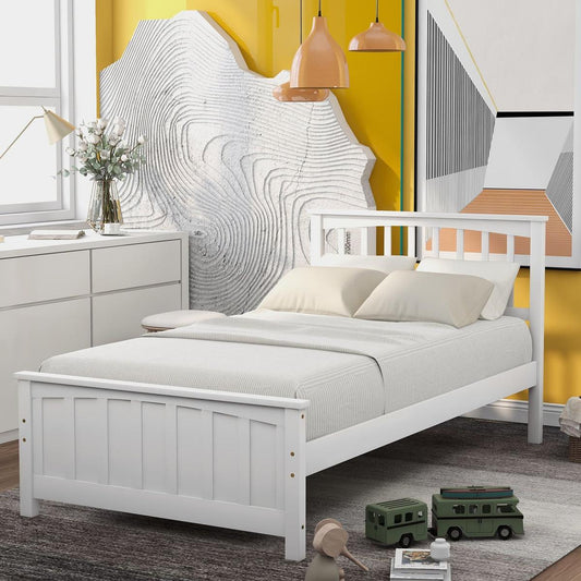 Wood Platform Bed Twin size Platform Bed, White - Streamdale Furniture