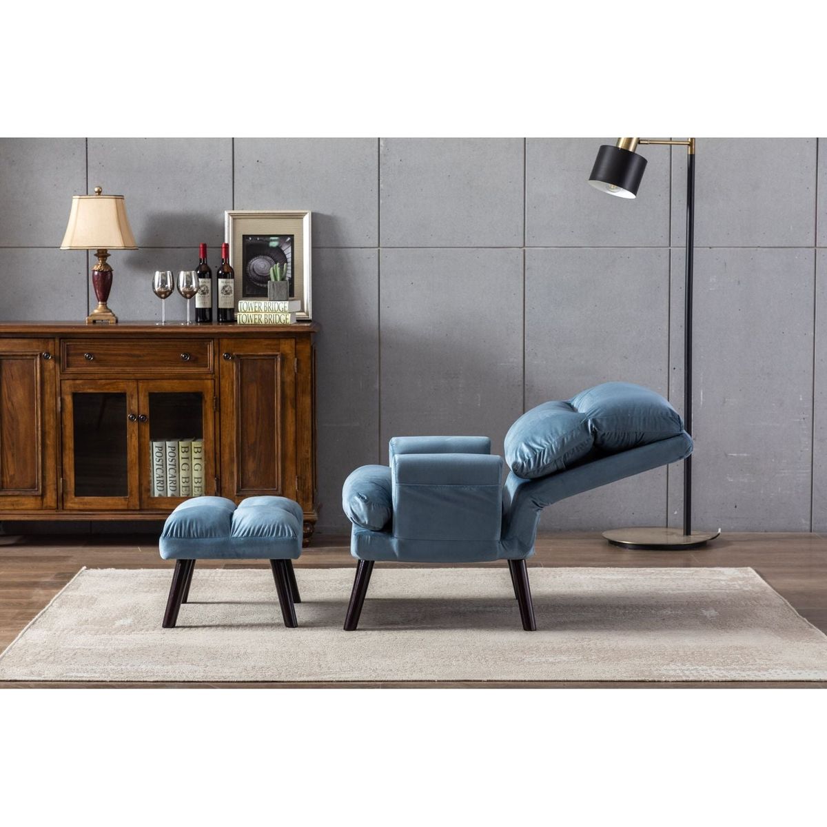 Soft Comfortable 1pc Accent Click Clack Chair with Ottoman Light Blue Fabric Upholstered Black Finish Legs Living Room Furniture