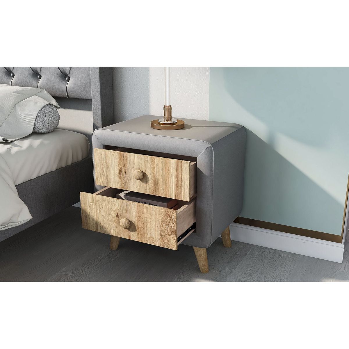 Upholstered Wooden Nightstand with 2 Drawers, Fully Assembled Except Legs and Handles, Bedside Table with Rubber Wood Leg-Gray