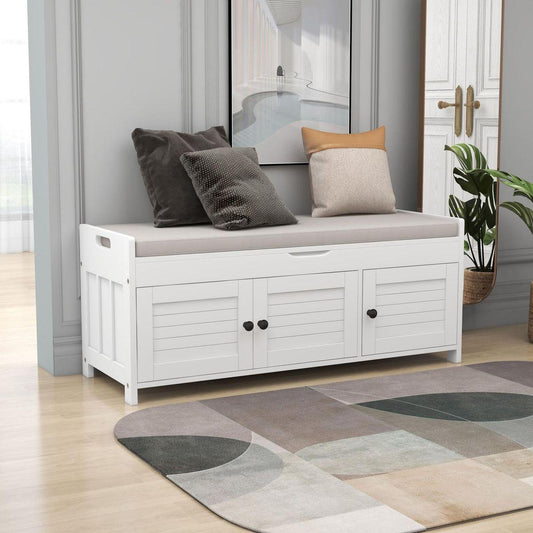 Storage Bench with 3 Shutter-shaped Doors, Shoe Bench with Removable Cushion and Hidden Storage Space (White