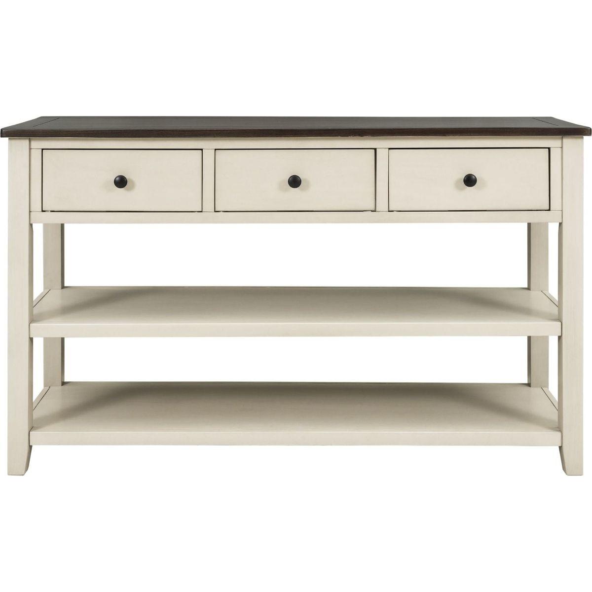 Retro Design Console Table with Two Open Shelves, Pine Solid Wood Frame and Legs for Living Room (Espresso+Beige)