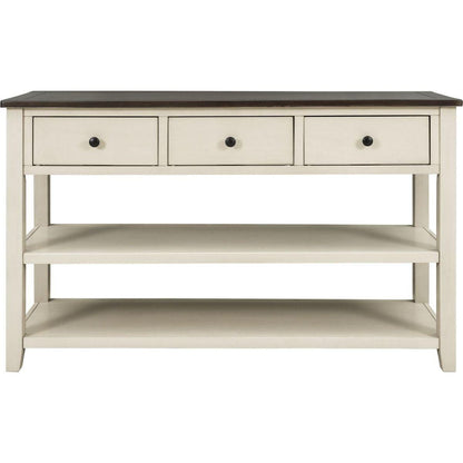 Retro Design Console Table with Two Open Shelves, Pine Solid Wood Frame and Legs for Living Room (Espresso+Beige)