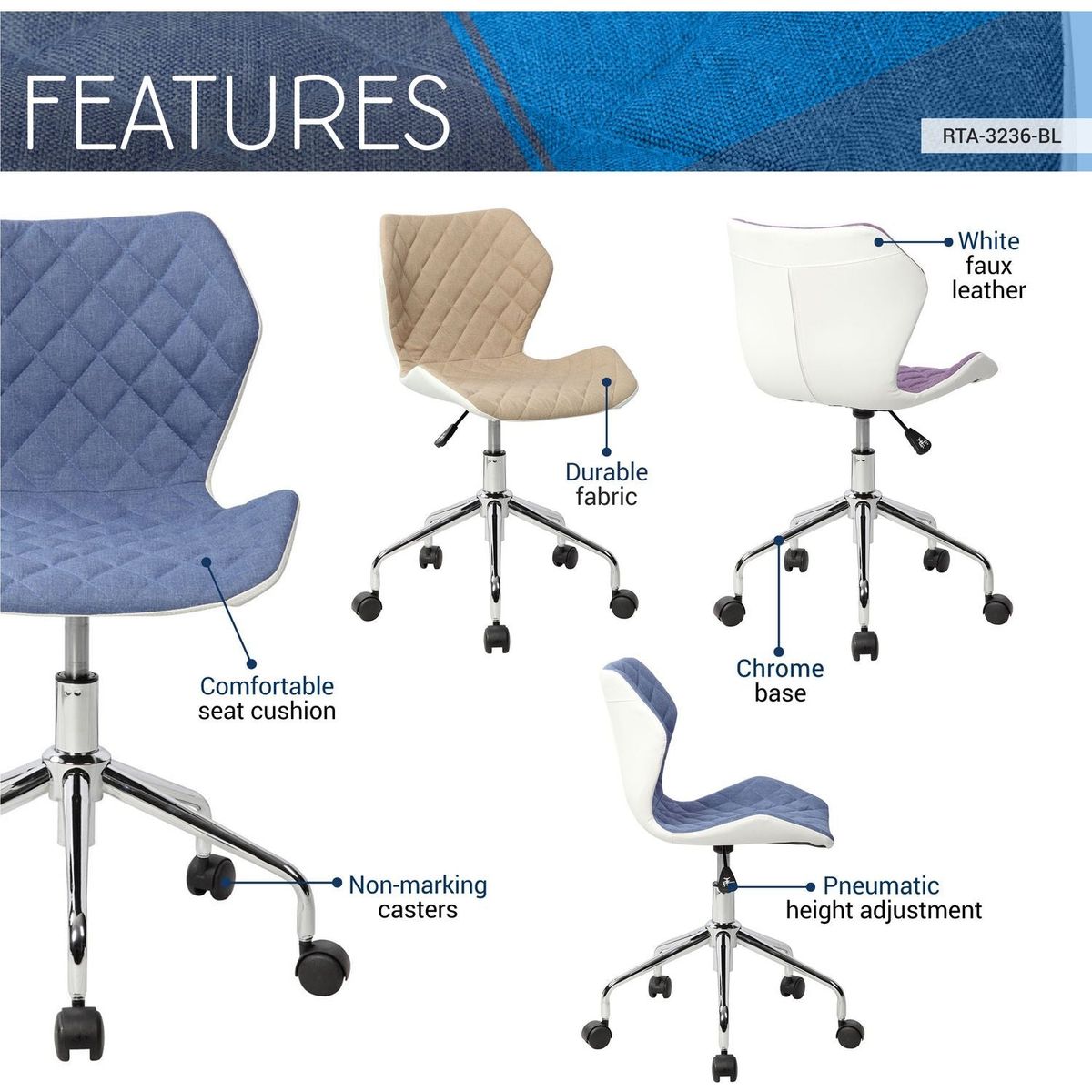 Modern Height Adjustable Office Task Chair, Blue