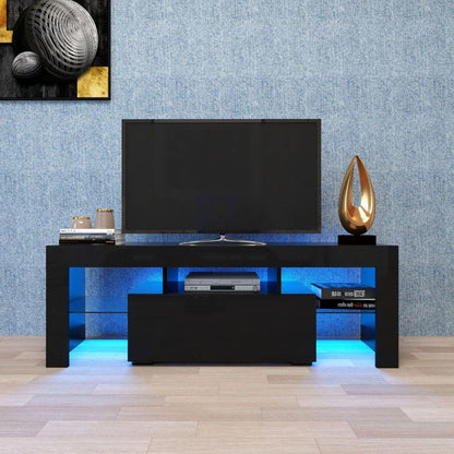 Black TV Stand with LED RGB Lights, Flat Screen TV Cabinet, Gaming Consoles - in Lounge Room, Living Room and Bedroom (Black)