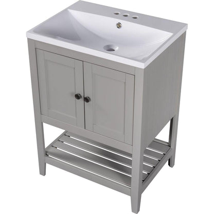 24" Grey Modern Sleek Bathroom Vanity Elegant Ceramic Sink with Solid Wood Frame Open Style Shelf