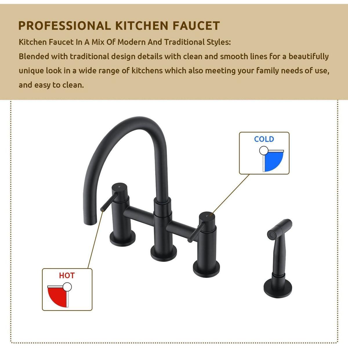 Double Handle Bridge Kitchen Faucet with Side Spray