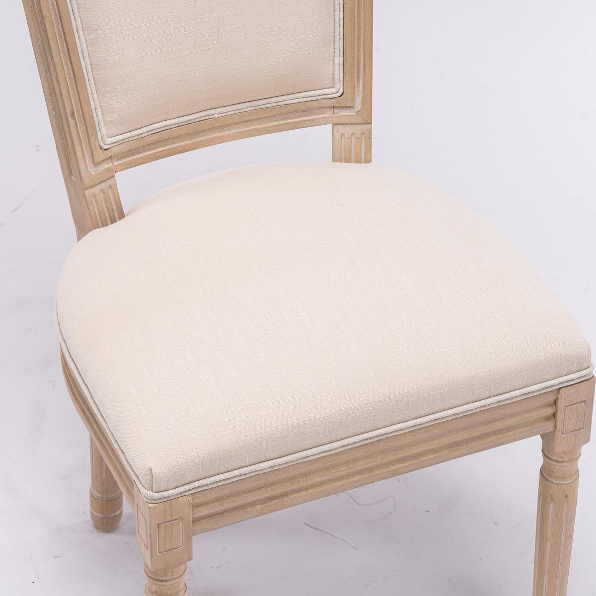 French Style Solid Wood Frame Antique Painting Linen Fabric Square Rattan Back Dining Chair, Set of 2, Cream