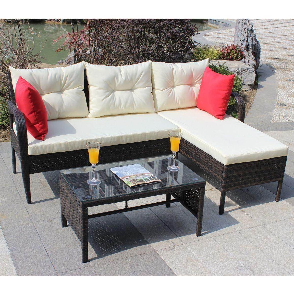 Outdoor patio Furniture sets 3 piece Conversation set wicker Ratten Sectional Sofa With Seat Cushions(Beige Cushion)