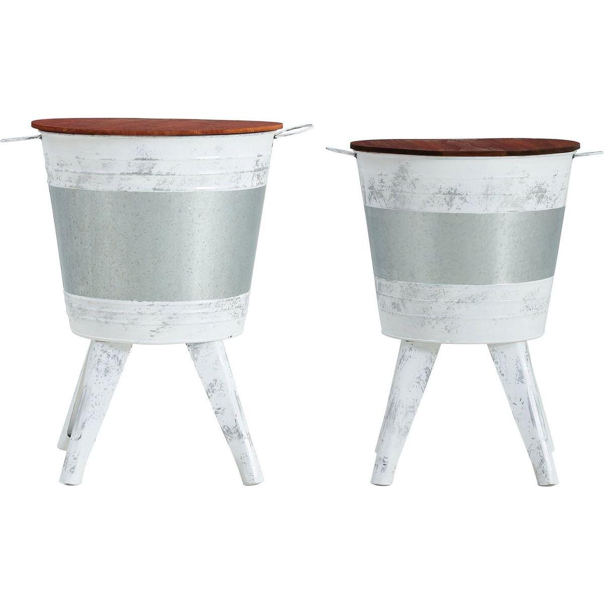 Farmhouse Rustic Distressed Metal Accent Cocktail Table with wood top-WHT, Set of 2