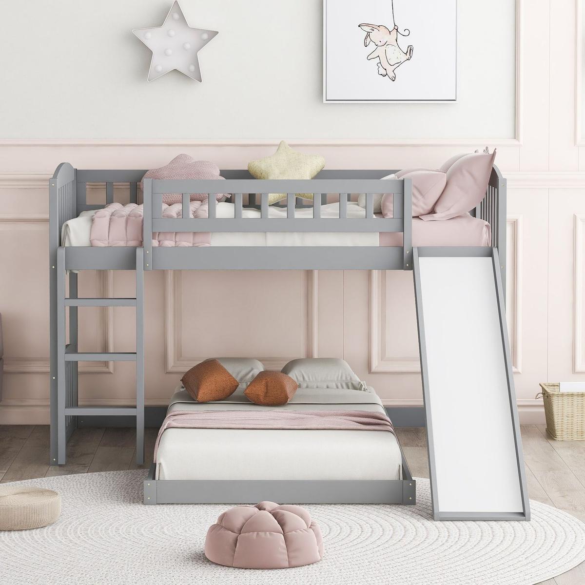 Twin Over Twin Bunk Bed with Slide and Ladder, Gray