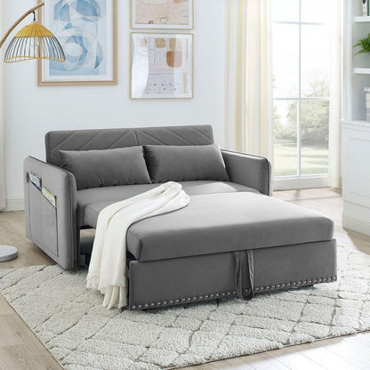 Pull-out sofa sleeper, 3-in-1 adjustable sleeper with pull-out bed, 2 lumbar pillows and side pocket, soft velvet convertible sleeper sofa bed, suitable for living room bedroom.