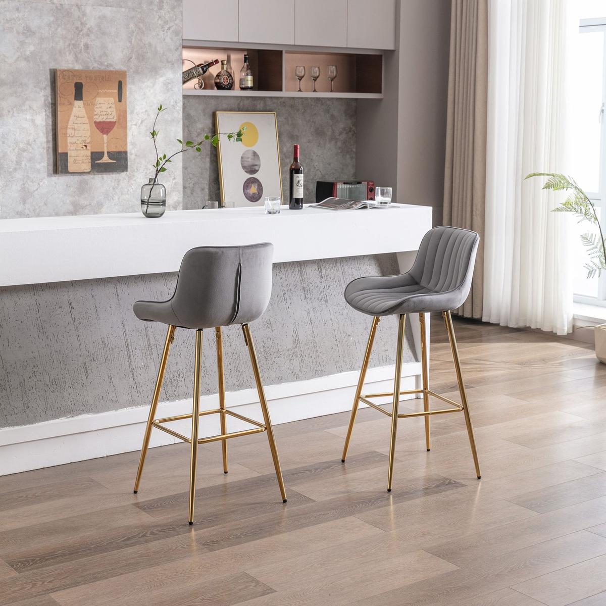 30 inch Set of 2 Bar Stools, with Chrome Footrest Velvet Fabric Counter Stool Golden Leg Simple High Bar Stool, GRAY - Streamdale Furniture