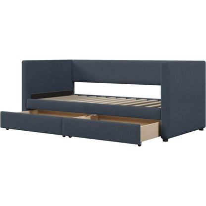 Twin Size Corduroy Daybed with Two Drawers and Wood Slat, Gray