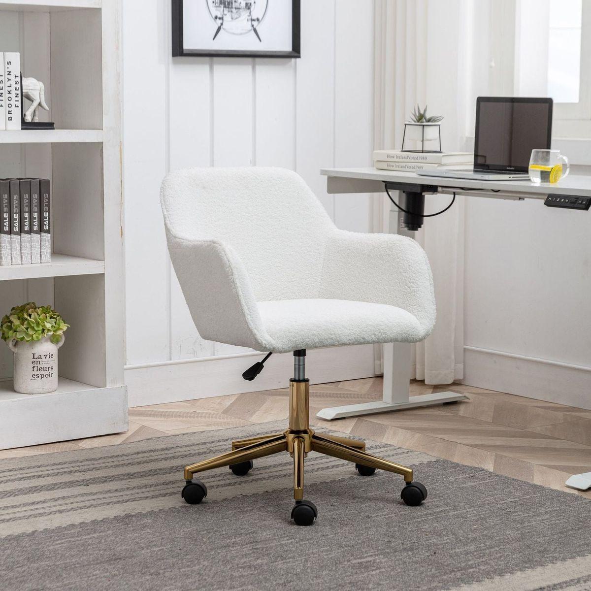 Modern Teddy Fabric Material Adjustable Height 360 Revolving Home Office Chair With Gold Metal Legs And Universal Wheel For Indoor,White