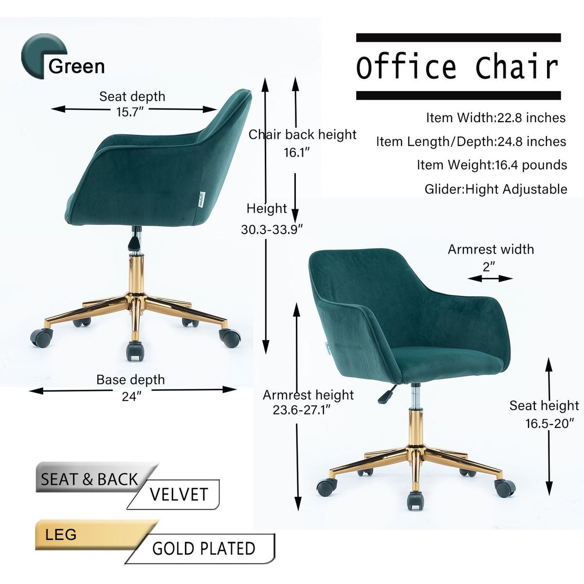 Modern Velvet Fabric Material Adjustable Height 360 revolving Home Office Chair with Gold Metal Legs and Universal Wheels for Indoor, Dark Green