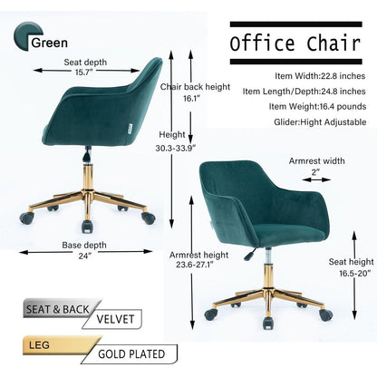 Modern Velvet Fabric Material Adjustable Height 360 revolving Home Office Chair with Gold Metal Legs and Universal Wheels for Indoor, Dark Green