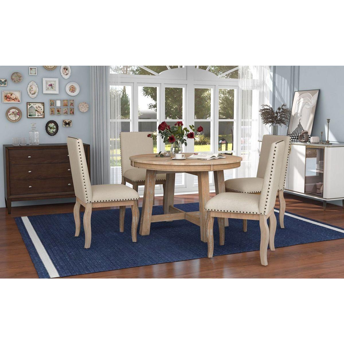 5-Piece Farmhouse Dining Table Set Wood Round Extendable Dining Table and 4 Upholstered Dining Chairs (Natural Wood Wash)