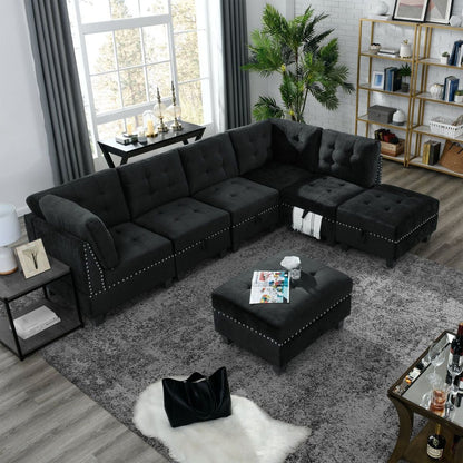 L shape Modular Sectional Sofa DIY Combination Includes Three Single Chair Two Corner and Two Ottoman Black Velvet.