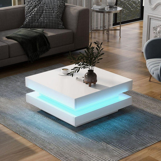 High Gloss Minimalist Design with plug-in 16-color LED Lights, 2-Tier Square Coffee Table, Center Table for Living Room, 31.5" x31.5" x14.2" - Streamdale Furniture