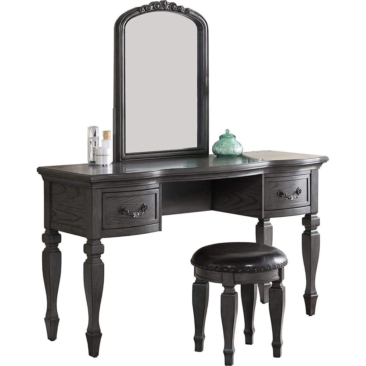 Bedroom Classic Vanity Set Wooden Carved Mirror Stool Drawers Antique Grey Finish