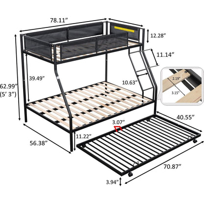 Twin over Full Metal Bunk Bed with Trundle (Wood Slat and Textilene Guardrail)