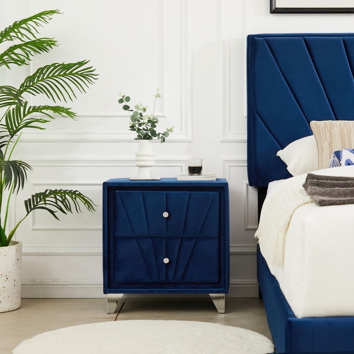 Full bed with one nightstand, Beautiful line stripe cushion headboard, strong wooden slats + metal legs with Electroplate