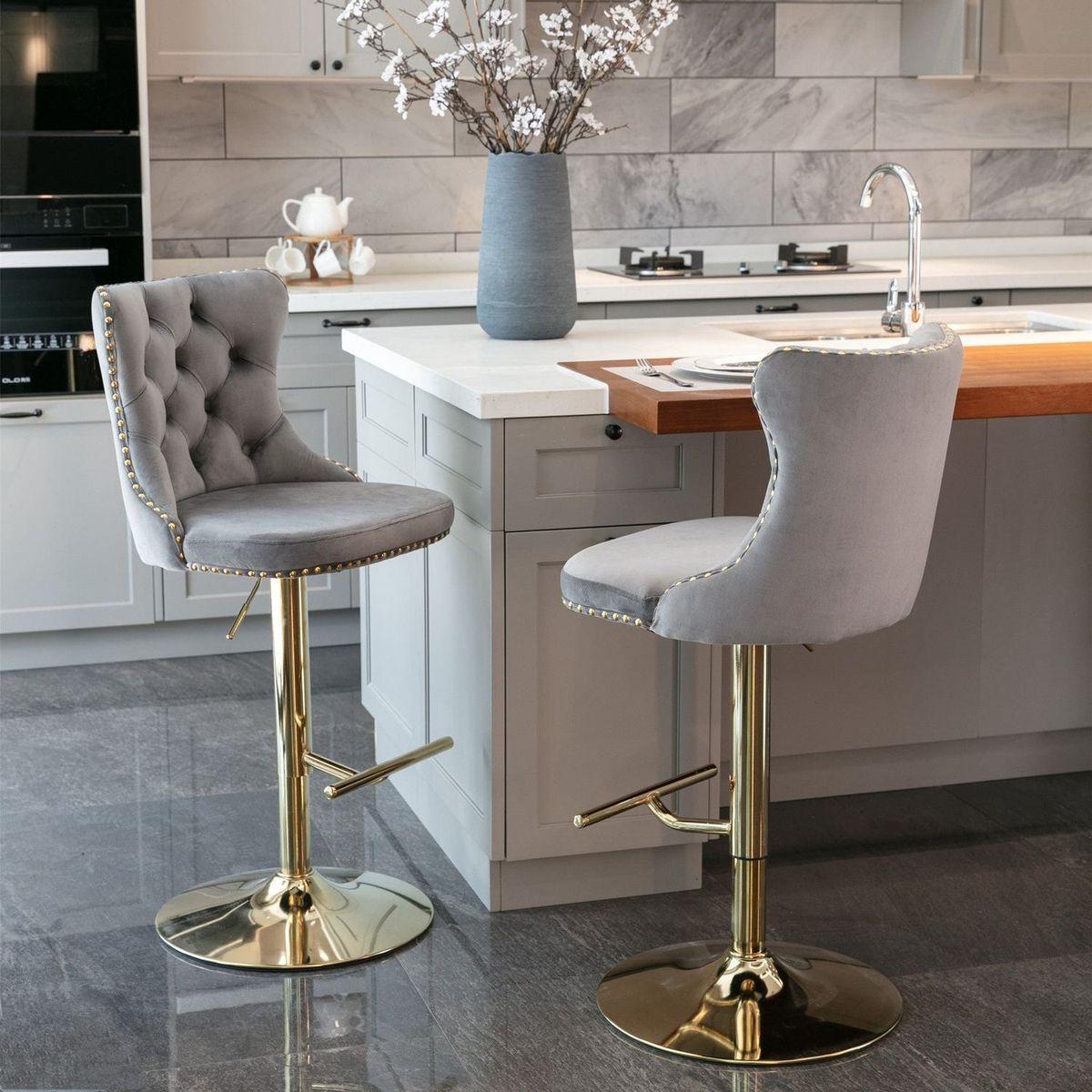 Golden Swivel Velvet Barstools Adjusatble Seat Height from 25-33 Inch, Modern Upholstered Bar Stools with Backs Comfortable Tufted for Home Pub and Kitchen IslandGray, Set of 2)