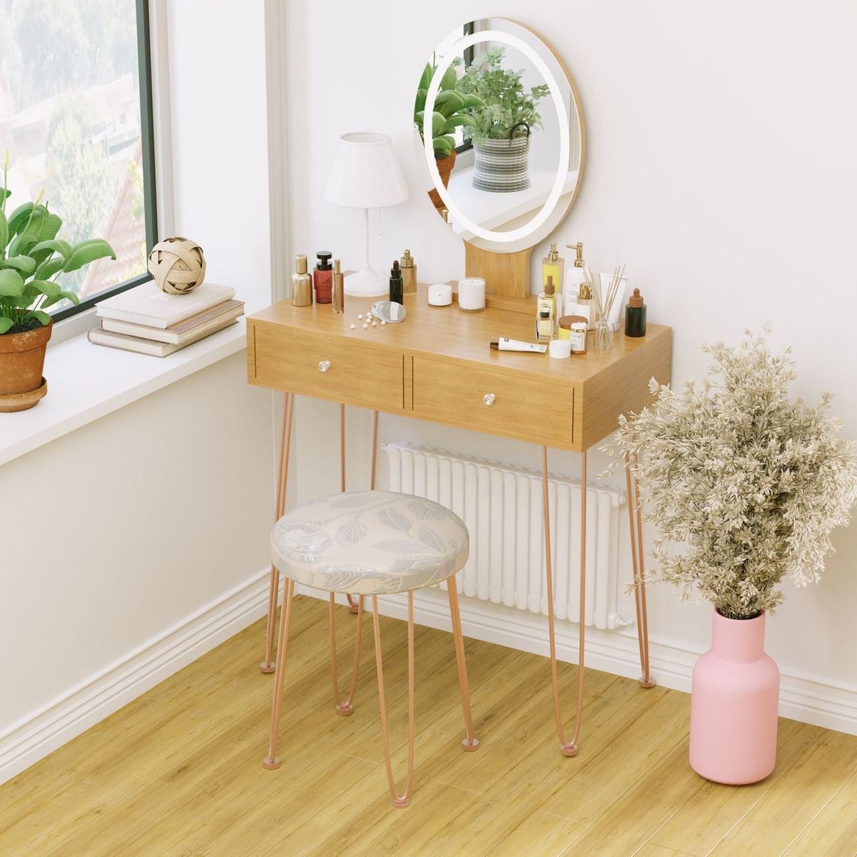 Dressing Table White Vanity Set with 3-Color Dimmable Lighted Mirror Makeup Desk with 2 Drawers and Yellow Padded Stool