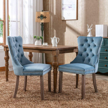 Nikki Collection Modern, High-end Tufted Solid Wood Contemporary Velvet Upholstered Dining Chair with Wood Legs Nailhead Trim 2-Pcs Setight Blue