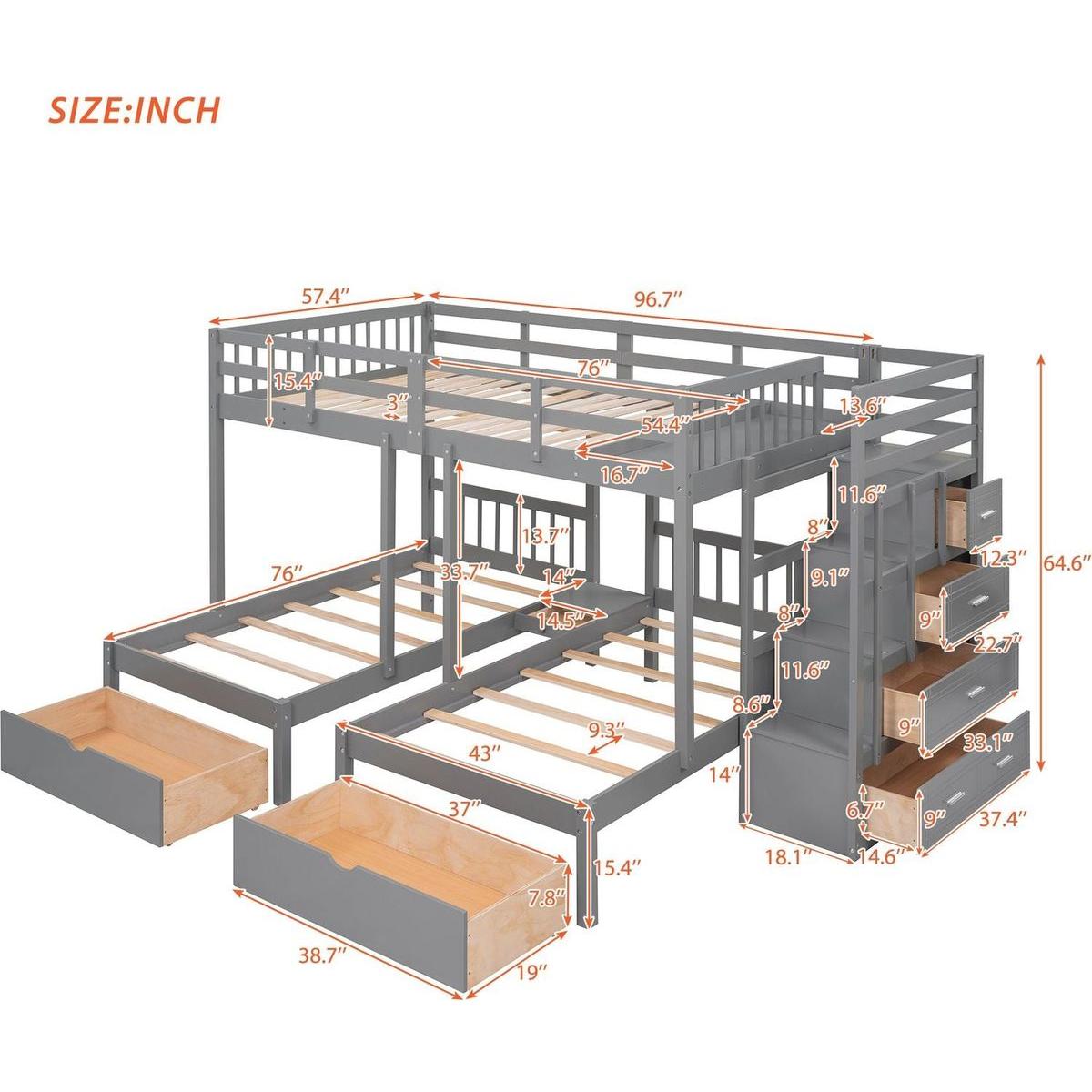 Full Over Twin & Twin Bunk Bed, Wood Triple Bunk Bed with Drawers and Guardrails (Gray)