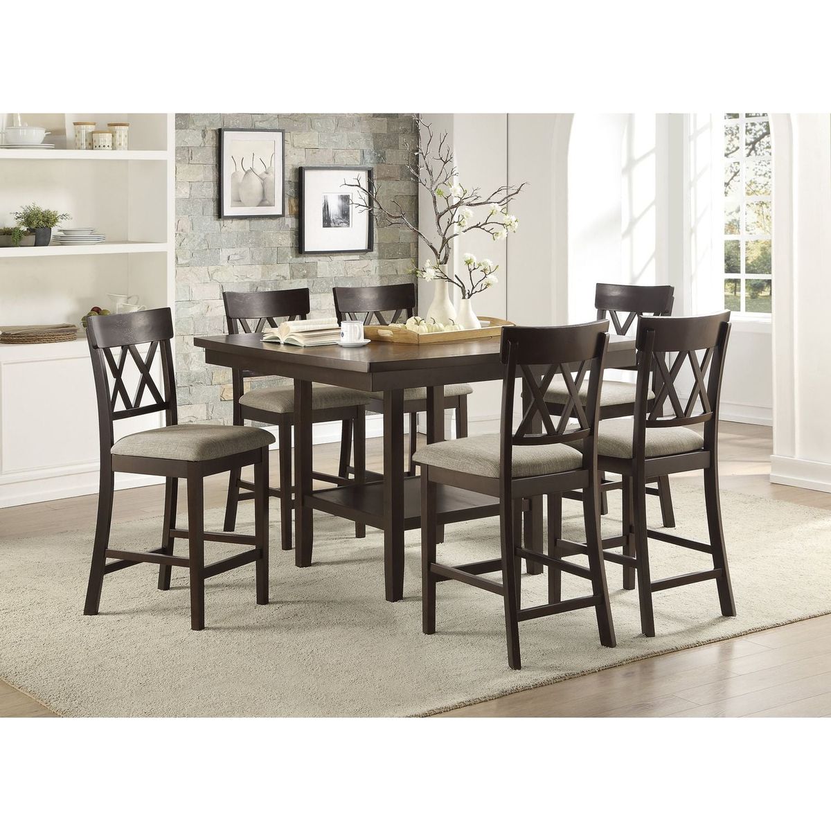 Dark Brown Finish Counter Height Chairs 2pc Set Double X-Back Design Lenin-like Fabric Padded Seat Dining Furniture