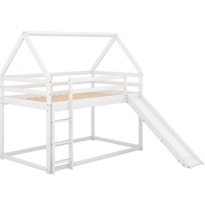 Twin Size Bunk House Bed with Slide and Ladder, White