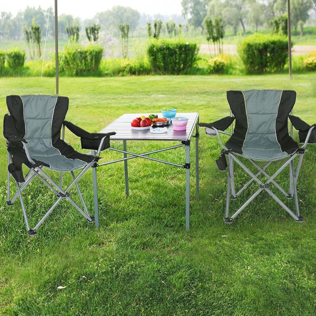 Oversized Camping Folding Chair with Cup Holder, Side Cooler Bag, Heavy Duty Steel Frame Fully P Added Quad Armchair for Outdoors, 1-Pack, Grey