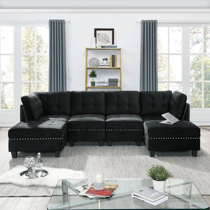 U shape Modular Sectional Sofa DIY Combination Includes Two Single Chair Two Corner and Two Ottoman Black Velvet.