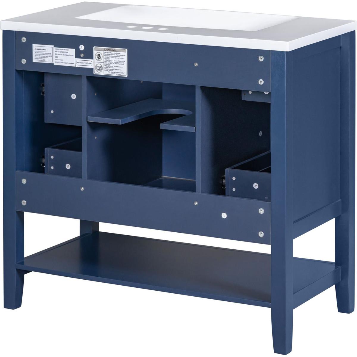 36" Bathroom Vanity with Sink Combo, One Cabinet and Three Drawers, Solid Wood and MDF Board, Blue