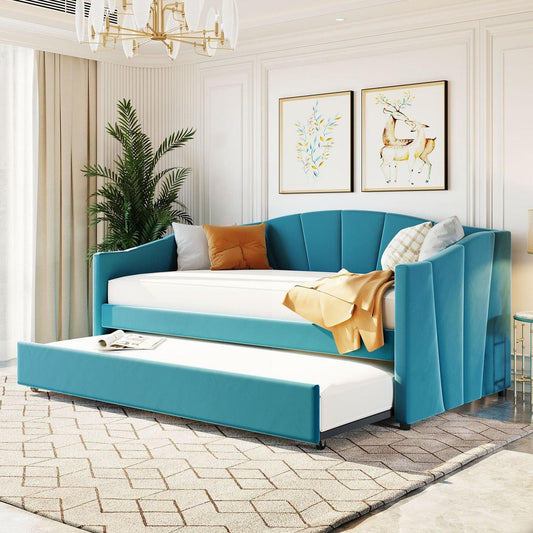 Upholstered Daybed Sofa Bed Twin Size With Trundle Bed and Wood Slat, Blue