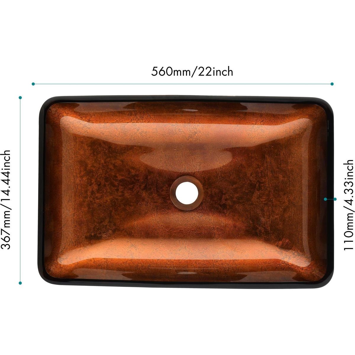 22.5" L -L -14.5" W -4 1/2 in. Handmade Glass Rectangle Vessel Bathroom Sink Set in Rich Chocolate Brown Finish with gold Faucet and gold Pop Up Drain