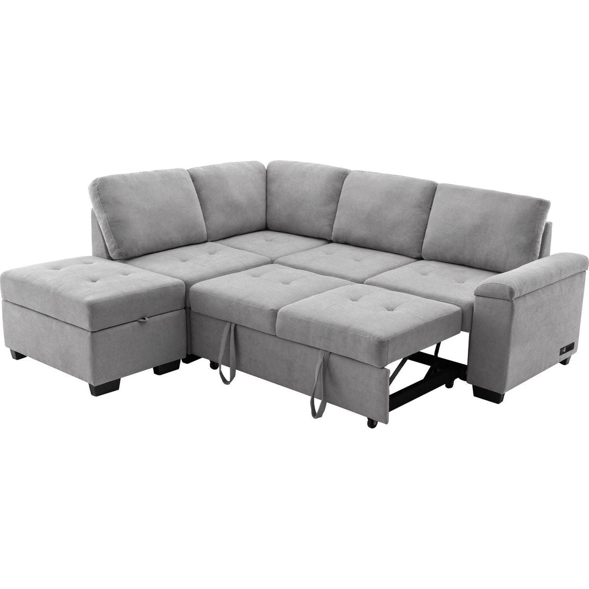 Sleeper Sectional Sofa, L-Shape Corner Couch Sofa-Bed with Storage Ottoman & Hidden Arm Storage & USB Charge for Living Room Apartment, Gray